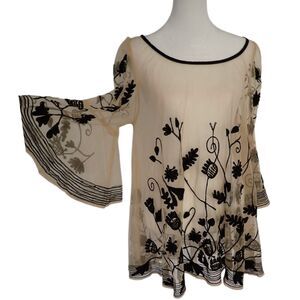 F Bianco Blouse Womens L Sheer Embroidered Mesh Tunic Bell Sleeve Back Zip Boho